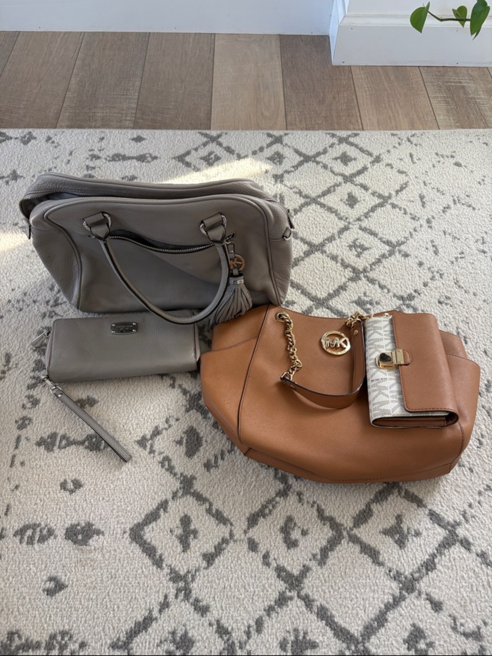 Michael Kors Gray Pebbled Leather Satchel with Tassel & Tan Tote Set